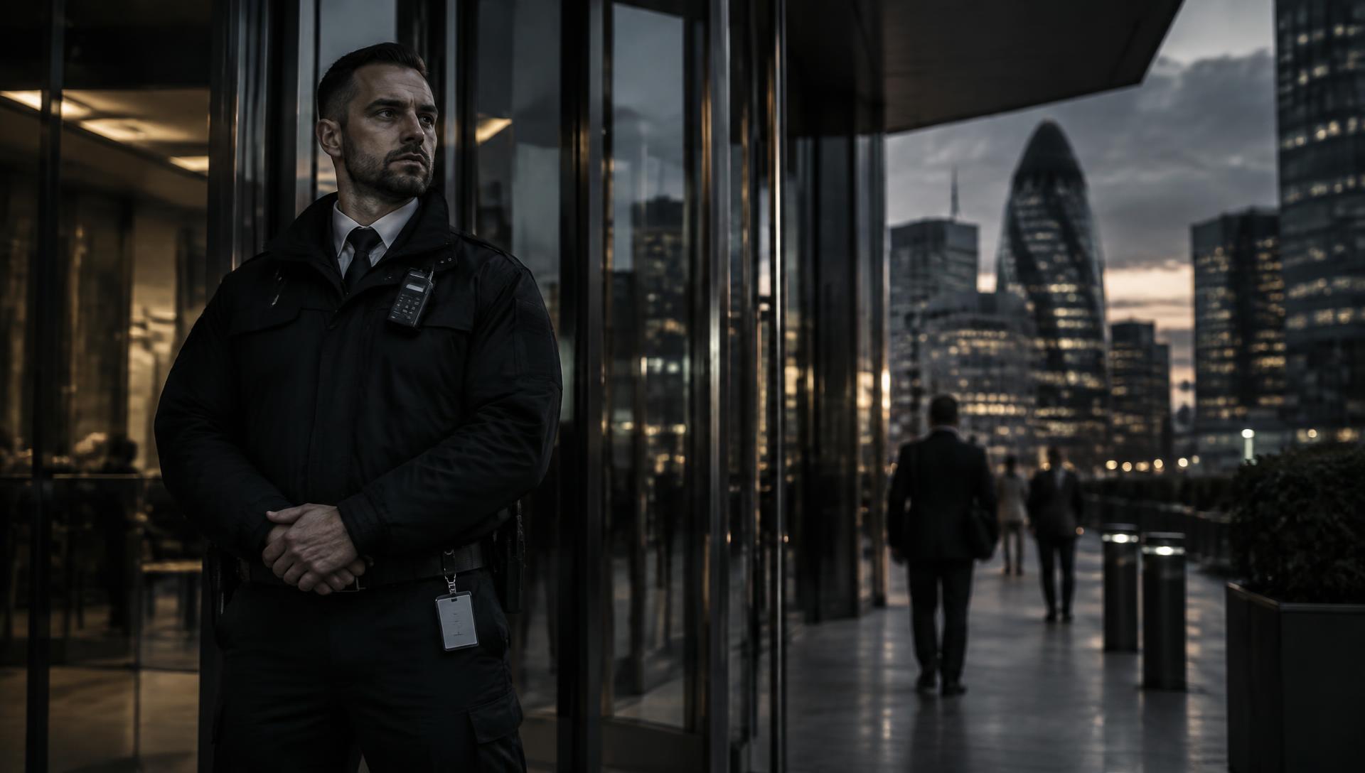 Security officer at a London office entrance